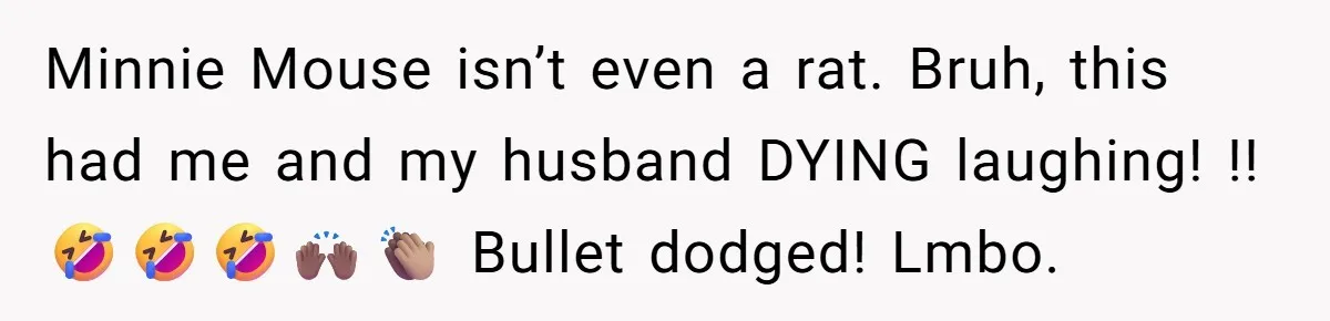 Minnie Mouse isn’t even a rat. Bruh, this had me and my husband DYING laughing! !! 🤣🤣🤣🙌🏾👏🏽 Bullet dodged! Lmbo.