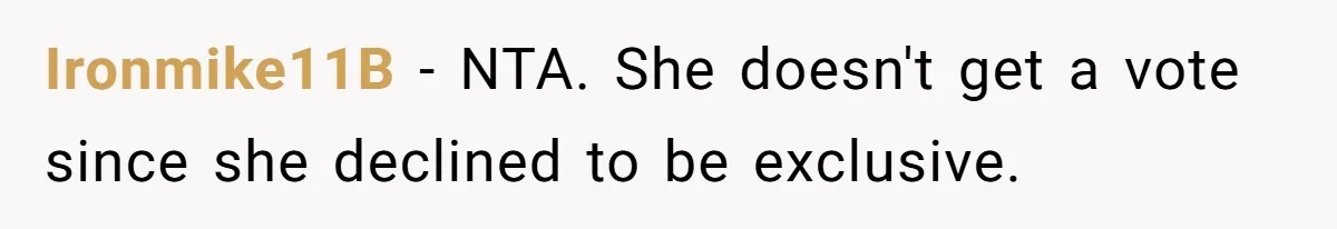 Ironmike11B − NTA. She doesn't get a vote since she declined to be exclusive.