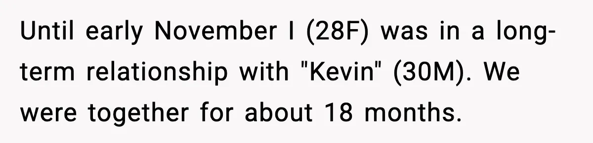 Until early November I (28F) was in a long-term relationship with "Kevin" (30M). We were together for about 18 months.