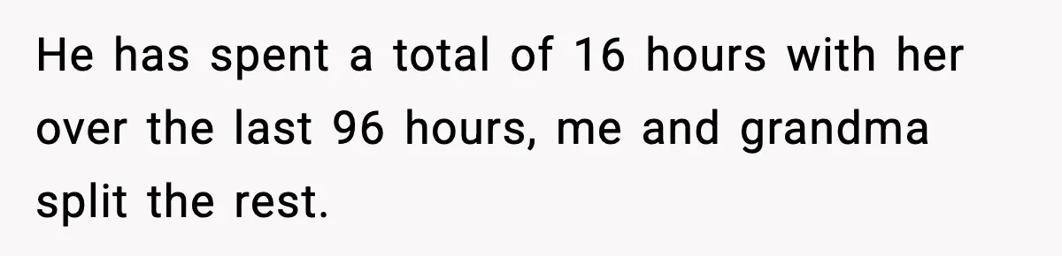 He has spent a total of 16 hours​ with her over the last 96 hours, me and grandma split the rest.