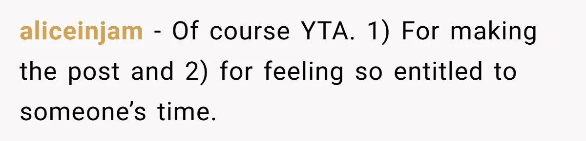 aliceinjam − Of course YTA. 1) For making the post and 2) for feeling so entitled to someone’s time.