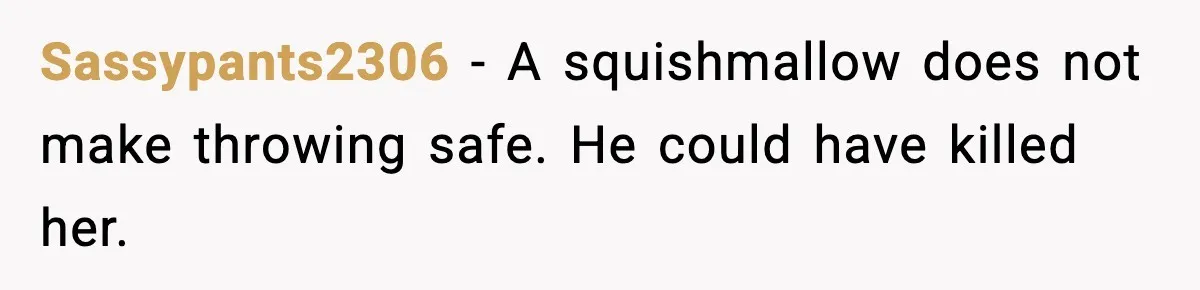 Sassypants2306 - A squishmallow does not make throwing safe. He could have killed her.