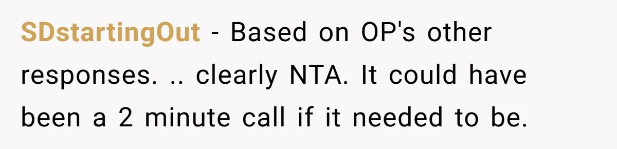 SDstartingOut − Based on OP's other responses. .. clearly NTA. It could have been a 2 minute call if it needed to be.