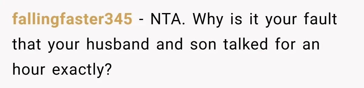 fallingfaster345 − NTA. Why is it your fault that your husband and son talked for an hour exactly?
