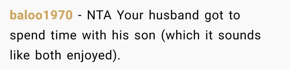 baloo1970 − NTA Your husband got to spend time with his son (which it sounds like both enjoyed).