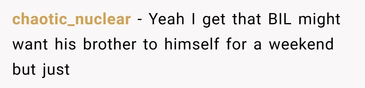 chaotic_nuclear − Yeah I get that BIL might want his brother to himself for a weekend but just