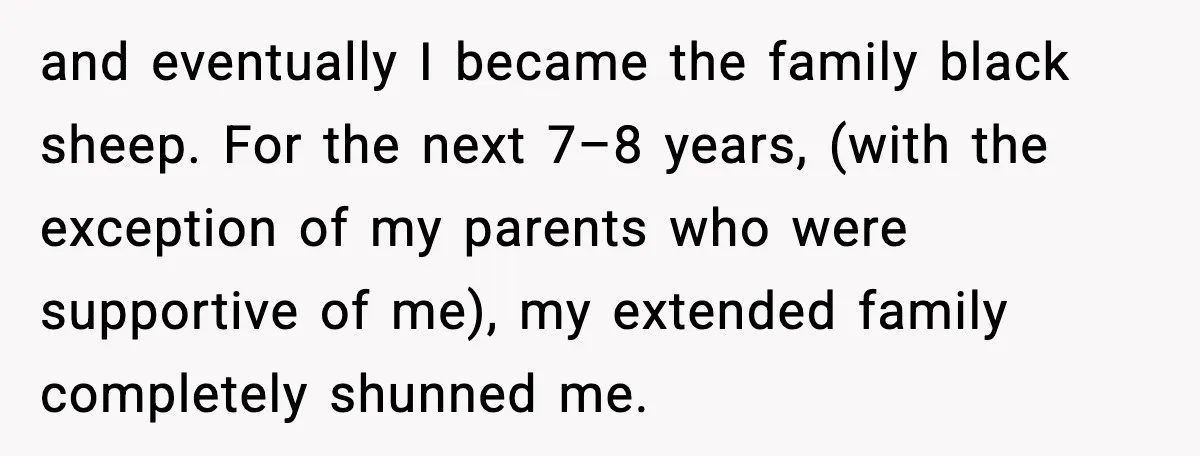 and eventually I became the family black sheep. For the next 7–8 years, (with the exception of my parents who were supportive of me), my extended family completely shunned me.