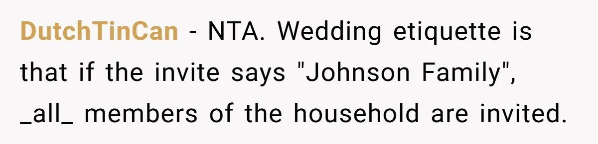 DutchTinCan − NTA. Wedding etiquette is that if the invite says "Johnson Family", _all_ members of the household are invited.