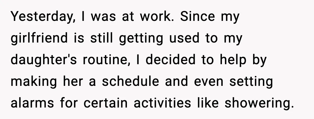 Yesterday, I was at work. Since my girlfriend is still getting used to my daughter's routine, I decided to help by making her a schedule and even setting alarms for...