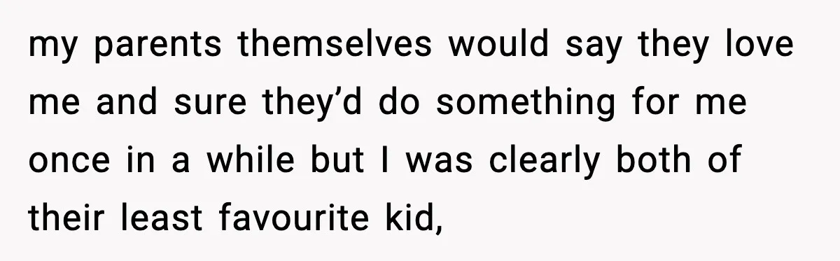 my parents themselves would say they love me and sure they’d do something for me once in a while but I was clearly both of their least favourite kid,