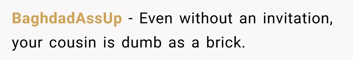 BaghdadAssUp − Even without an invitation, your cousin is dumb as a brick.