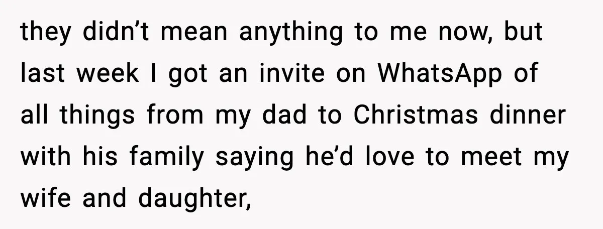 they didn’t mean anything to me now, but last week I got an invite on WhatsApp of all things from my dad to Christmas dinner with his family saying he’d...