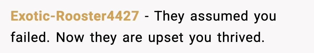 Exotic-Rooster4427 - They assumed you failed. Now they are upset you thrived.