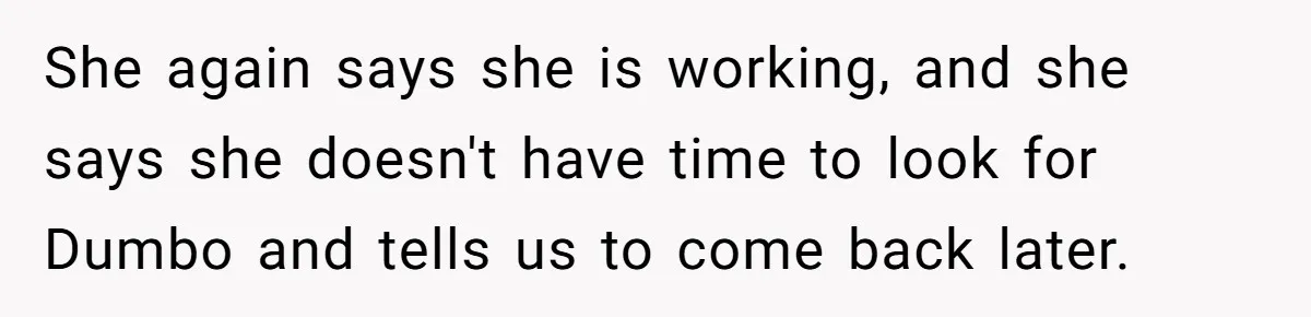 Man Drives To Friend’s House For Toddler’s Toy, Gets Accused Of “Barging In” She again says she is working, and she says she doesn't have time to look for Dumbo and tells us to come back later.