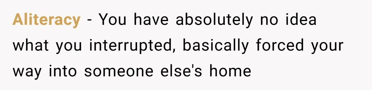 Man Drives To Friend’s House For Toddler’s Toy, Gets Accused Of “Barging In” Aliteracy − You have absolutely no idea what you interrupted, basically forced your way into someone else's home