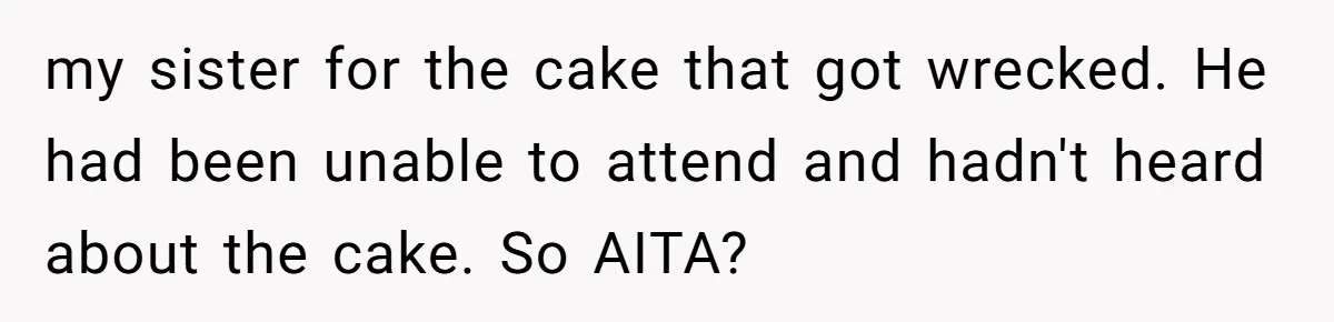 my sister for the cake that got wrecked. He had been unable to attend and hadn't heard about the cake. So AITA?