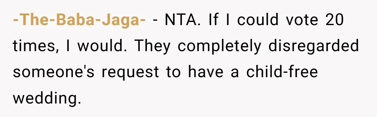 -The-Baba-Jaga- − NTA. If I could vote 20 times, I would. They completely disregarded someone's request to have a child-free wedding.