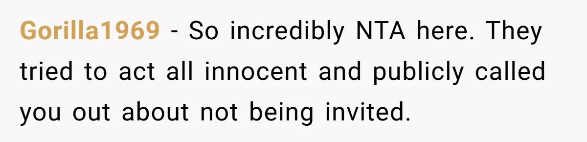 Gorilla1969 − So incredibly NTA here. They tried to act all innocent and publicly called you out about not being invited.