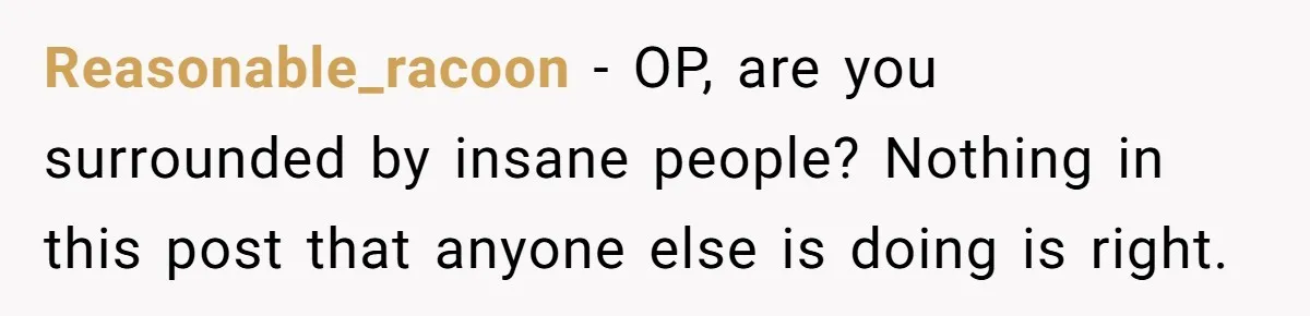 Reasonable_racoon − OP, are you surrounded by insane people? Nothing in this post that anyone else is doing is right.