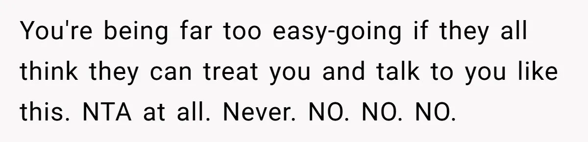 You're being far too easy-going if they all think they can treat you and talk to you like this. NTA at all. Never. NO. NO. NO.