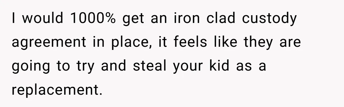 I would 1000% get an iron clad custody agreement in place, it feels like they are going to try and steal your kid as a replacement.