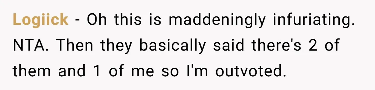 Logiick − Oh this is maddeningly infuriating. NTA. Then they basically said there's 2 of them and 1 of me so I'm outvoted.