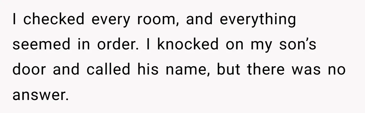 I checked every room, and everything seemed in order. I knocked on my son’s door and called his name, but there was no answer.