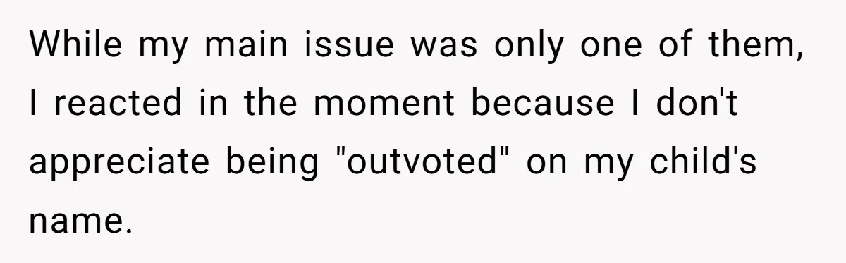 While my main issue was only one of them, I reacted in the moment because I don't appreciate being "outvoted" on my child's name.