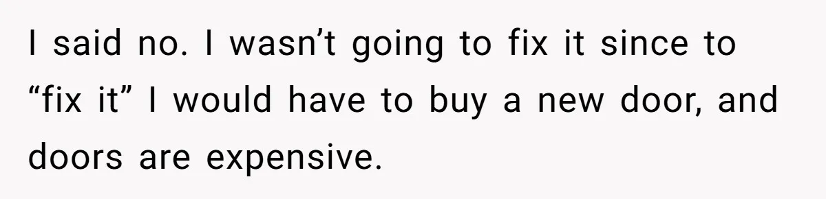 I said no. I wasn’t going to fix it since to “fix it” I would have to buy a new door, and doors are expensive.