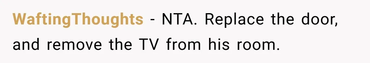WaftingThoughts − NTA. Replace the door, and remove the TV from his room.