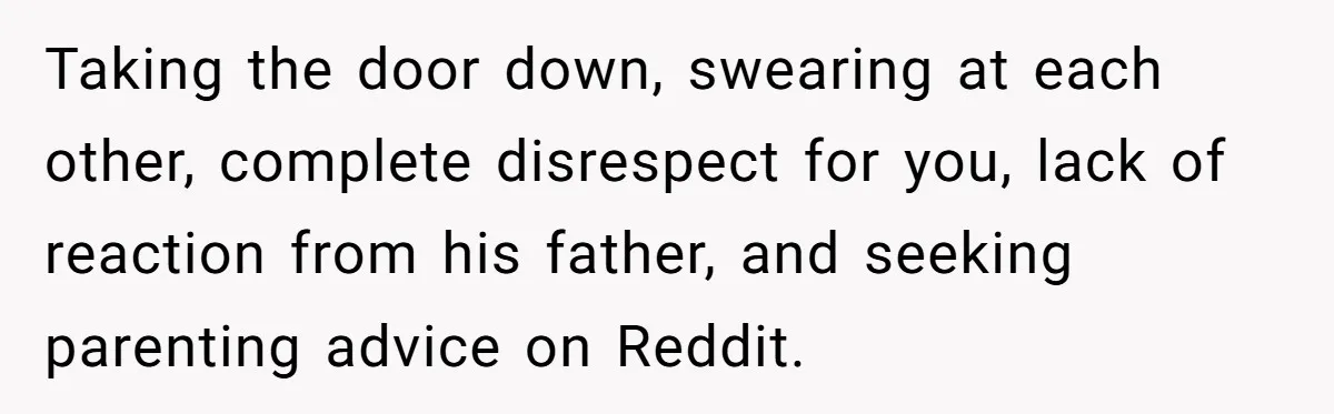 Taking the door down, swearing at each other, complete disrespect for you, lack of reaction from his father, and seeking parenting advice on Reddit.