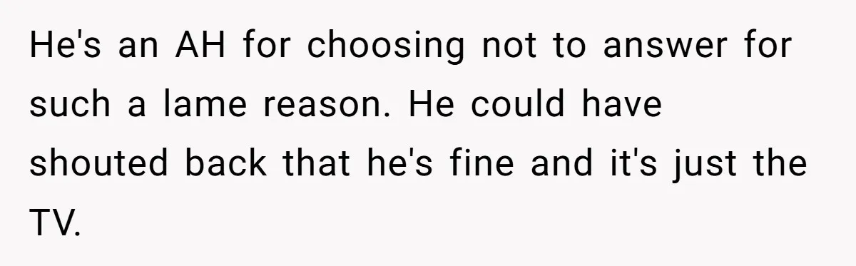 He's an AH for choosing not to answer for such a lame reason. He could have shouted back that he's fine and it's just the TV.