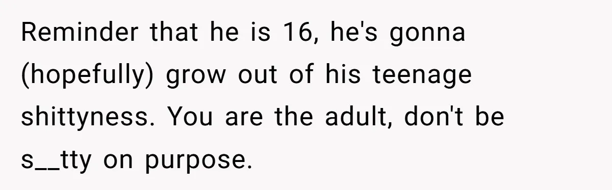 Reminder that he is 16, he's gonna (hopefully) grow out of his teenage shittyness. You are the adult, don't be s__tty on purpose.