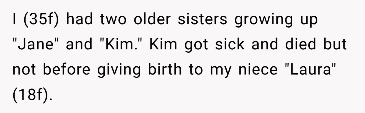 I (35f) had two older sisters growing up "Jane" and "Kim." Kim got sick and died but not before giving birth to my niece "Laura" (18f).