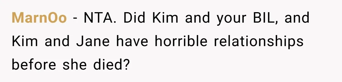 MarnOo − NTA. Did Kim and your BIL, and Kim and Jane have horrible relationships before she died?