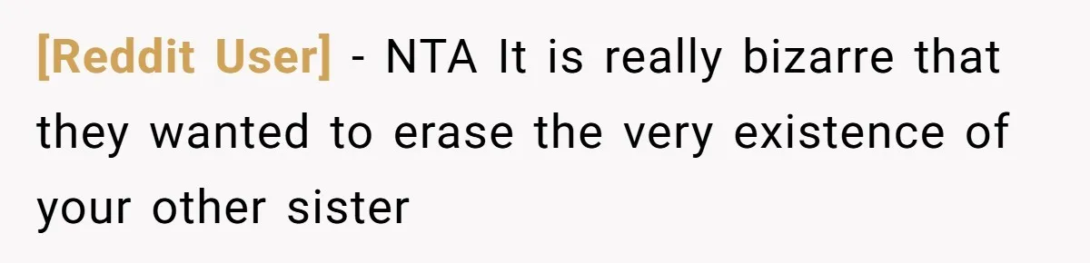 [Reddit User] − NTA It is really bizarre that they wanted to erase the very existence of your other sister