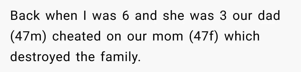 Sister Who Forgave Dad's Affair Begs For Mom's Comfort When Her Own Fiancé Betrays Her Back when I was 6 and she was 3 our dad (47m) cheated on our mom (47f) which destroyed the family.