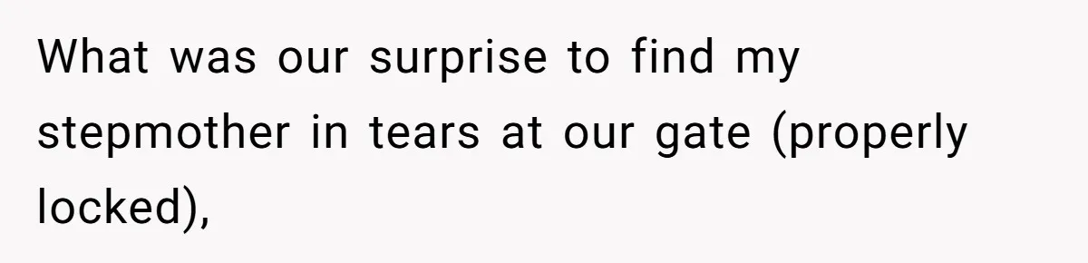 What was our surprise to find my stepmother in tears at our gate (properly locked),