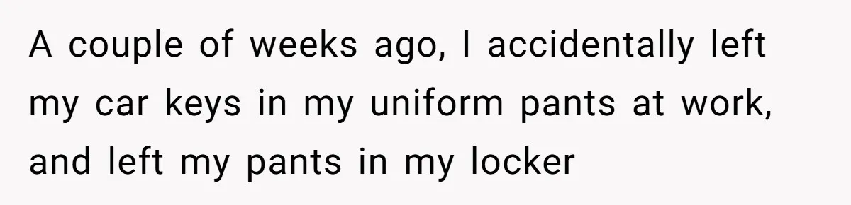 A couple of weeks ago, I accidentally left my car keys in my uniform pants at work, and left my pants in my locker
