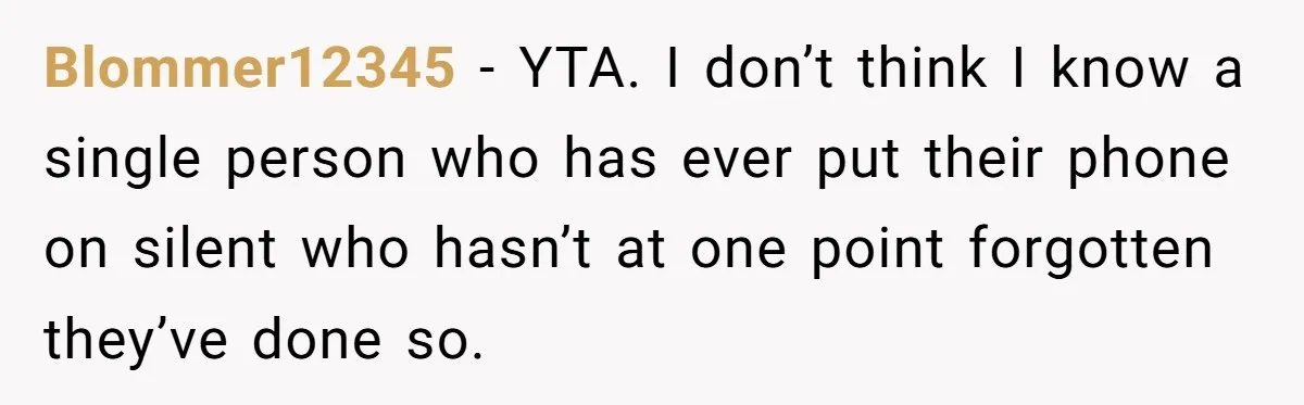 Blommer12345 − YTA. I don’t think I know a single person who has ever put their phone on silent who hasn’t at one point forgotten they’ve done so.