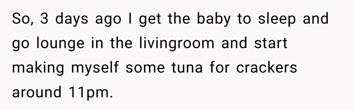 So, 3 days ago I get the baby to sleep and go lounge in the livingroom and start making myself some tuna for crackers around 11pm.