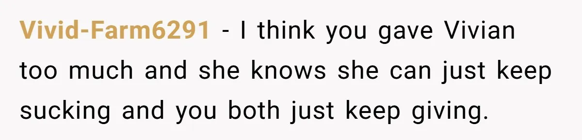 Vivid-Farm6291 − I think you gave Vivian too much and she knows she can just keep sucking and you both just keep giving.