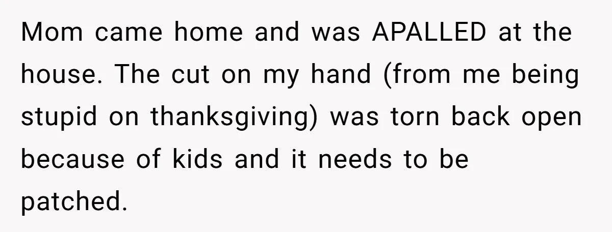 Nanny Told Not To Parent Kids Follows Orders Exactly And Leaves House In Total Chaos Mom came home and was APALLED at the house. The cut on my hand (from me being stupid on thanksgiving) was torn back open because of kids and it needs...