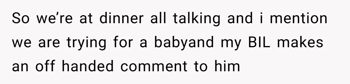 So we’re at dinner all talking and i mention we are trying for a babyand my BIL makes an off handed comment to him