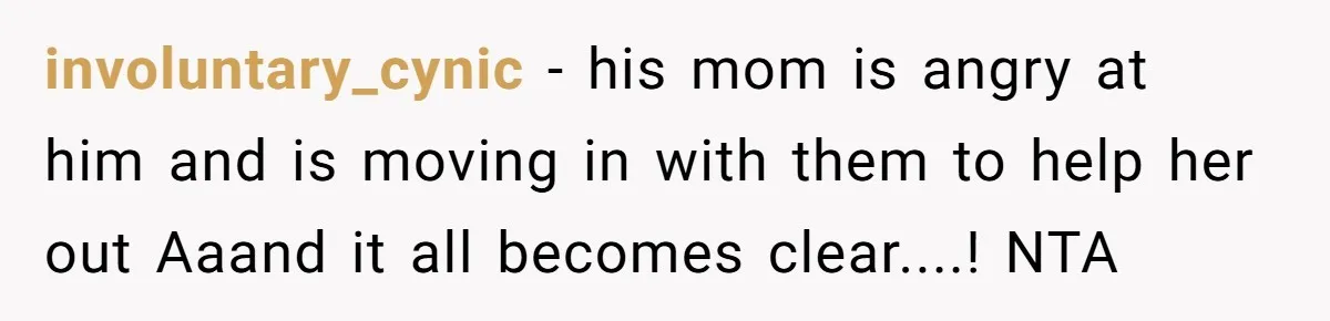 involuntary_cynic − his mom is angry at him and is moving in with them to help her out Aaand it all becomes clear....! NTA