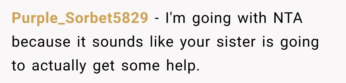 Purple_Sorbet5829 − I'm going with NTA because it sounds like your sister is going to actually get some help.