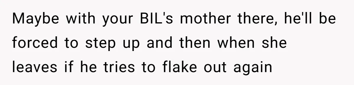 Maybe with your BIL's mother there, he'll be forced to step up and then when she leaves if he tries to flake out again
