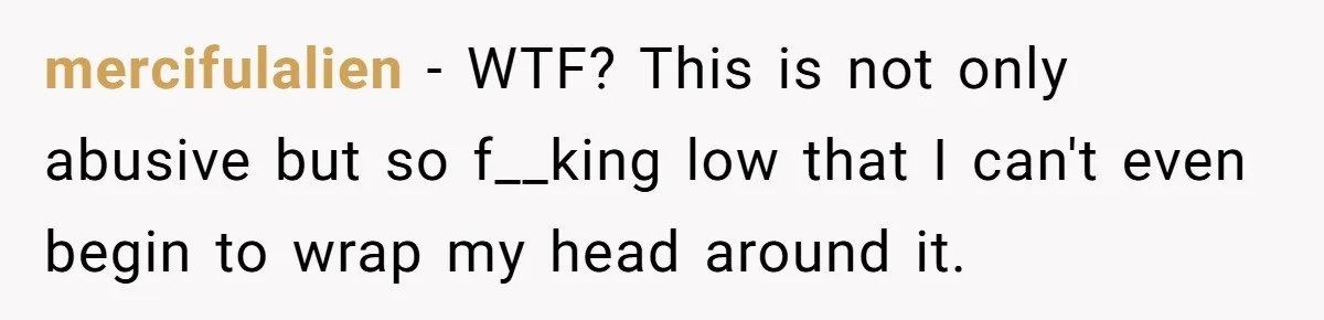 mercifulalien − WTF? This is not only abusive but so f__king low that I can't even begin to wrap my head around it.