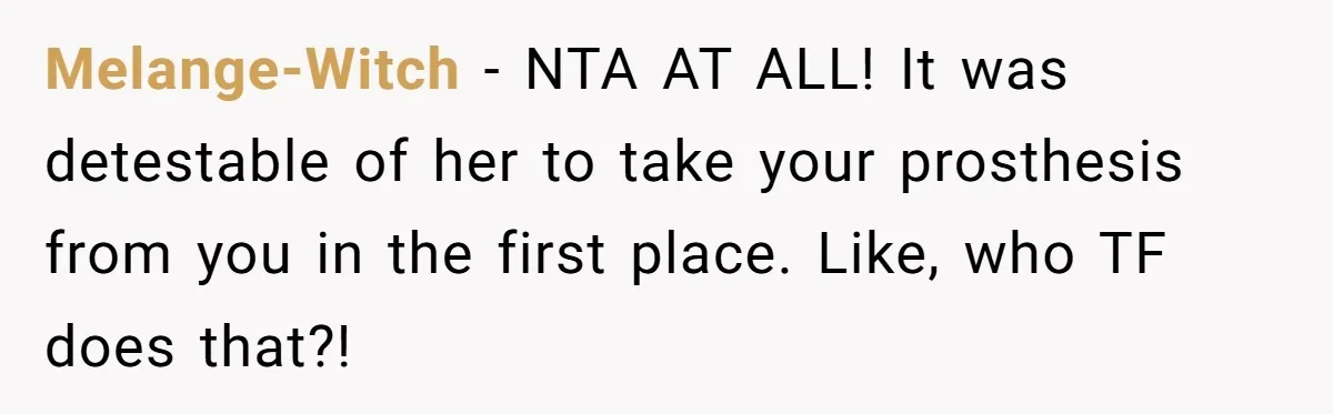 Melange-Witch − NTA AT ALL! It was detestable of her to take your prosthesis from you in the first place. Like, who TF does that?!
