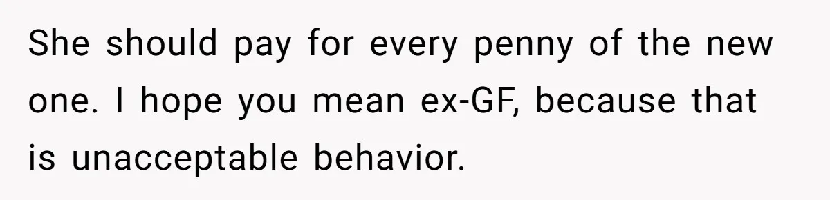 She should pay for every penny of the new one. I hope you mean ex-GF, because that is unacceptable behavior.
